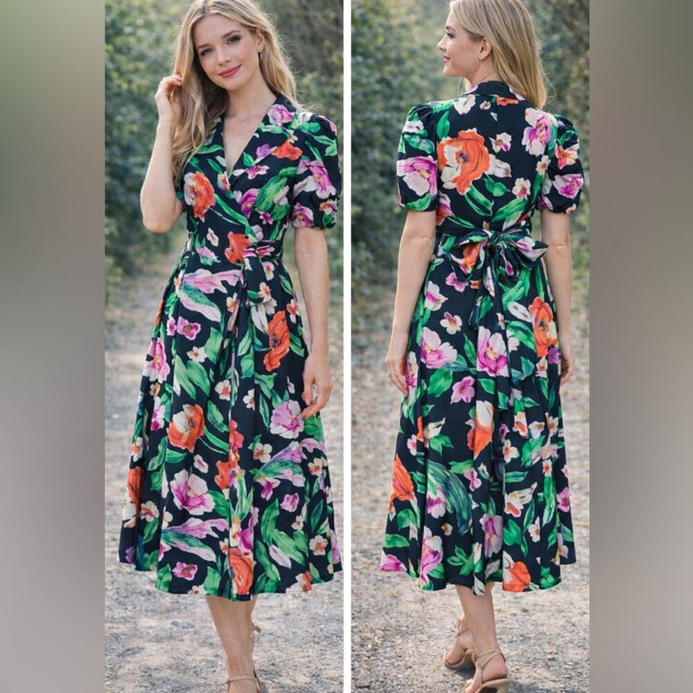 DKNY Y2K Floral Midi Dress Tie Back Bow Puff Sleeve Size 14 Garden Party Retro